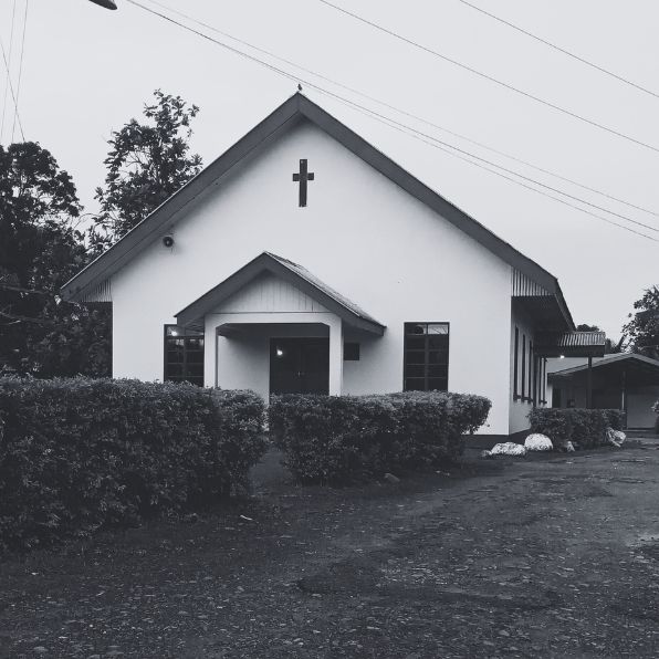 Black and white photograph of the front exterior of the Nakavu Village Church, Nadi. Fiji Islands. Photo by Siteri Rawada; taken with a Samsung Galaxy A05s