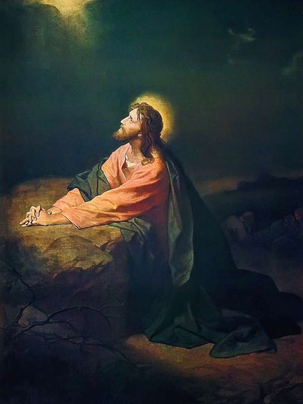 19th century painting attributed to Heinrich Hofmann. Under creative commons use on https://picryl.com/media/christ-in-gethsemane-0bd646