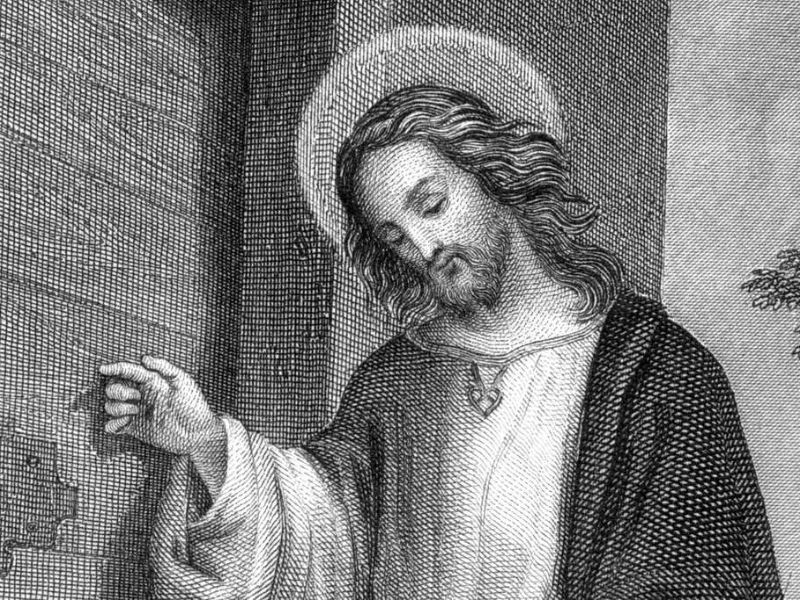 19th century steel engraving of Jesus Christ. The distance between the two nails in the door detail down on the left is roughly 3.5 millimeters. Photo from Picryl.com edited in Canva.